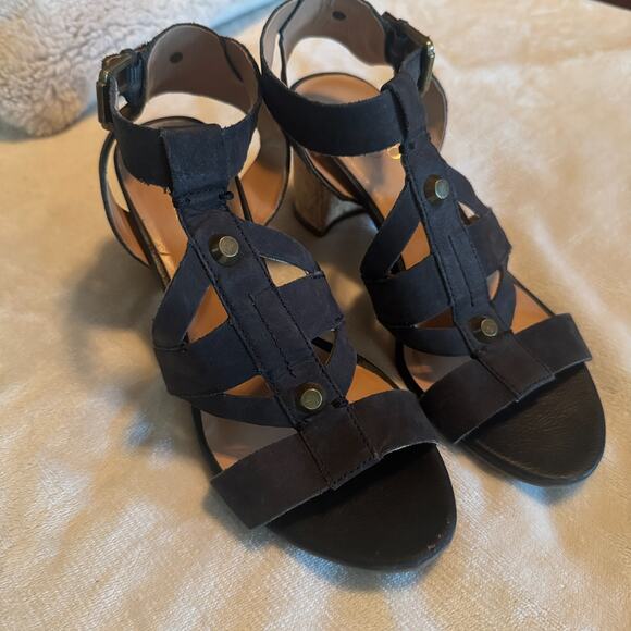 Franco Sarto black leather sandals cork heels sz 7 Paloma ankle strap shoes - Picture 2 of 7